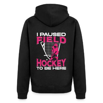 Field Hockey I Paused Field Hockey - Unisex Premium Bio Zip Hoodie - Schwarz - Hinten - Nico (187cm)