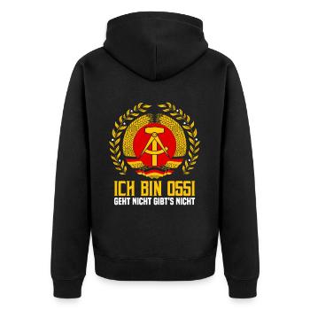 Ich bin Ossi - Unisex Premium Bio Zip Hoodie - Schwarz - Hinten - Nico (187cm)