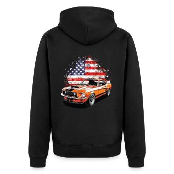 Amerikanisches Muscle-Car mit US-Flagge - Unisex Premium Bio Zip Hoodie - Schwarz - Hinten - Nico (187cm)