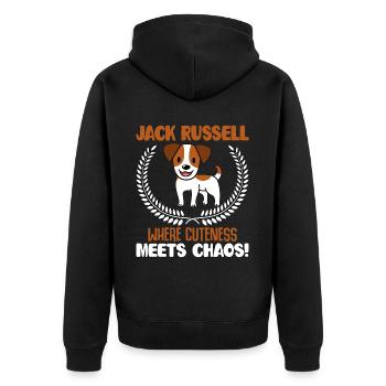Jack Russell where cuteness meets chaos - Unisex Premium Bio Zip Hoodie - Schwarz - Hinten - Nico (187cm)