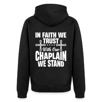Im Glauben Vertrauen Wir Auf Unseren Kaplan, Wir - Unisex Premium Bio Zip Hoodie - Schwarz - Hinten - Nico (187cm)