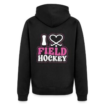 Field Hockey Heart I Love Field - Unisex Premium Bio Zip Hoodie - Schwarz - Hinten - Nico (187cm)