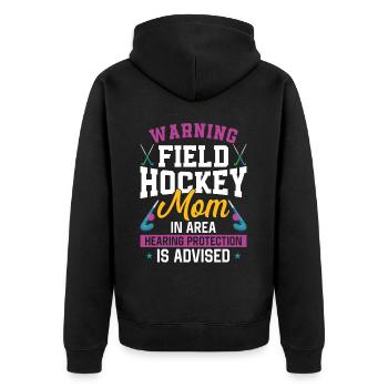 Field Hockey Mom Warning Field - Unisex Premium Bio Zip Hoodie - Schwarz - Hinten - Nico (187cm)
