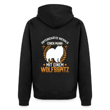 Mann mit Wolfsspitz unterschätzen Deutscher Spitz - Unisex Premium Bio Zip Hoodie - Schwarz - Hinten - Nico (187cm)