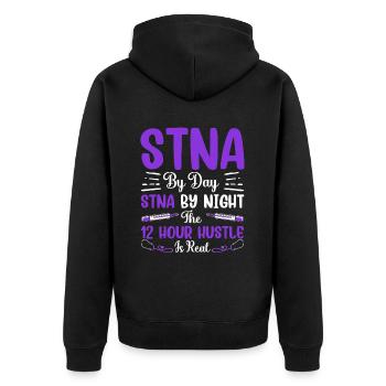 12 Hours of Hustle and Bustle - State Tested - Unisex Premium Organic Zip Hoodie - black - Back - Nico (187cm)