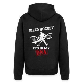 Field Hockey Field Hockey It's In - Unisex Premium Bio Zip Hoodie - Schwarz - Hinten - Nico (187cm)