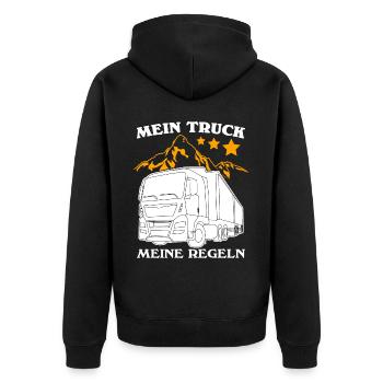 LKW Witz Trucker LKW-Fahrer Lastwagen - Unisex Premium Bio Zip Hoodie - Schwarz - Hinten - Nico (187cm)