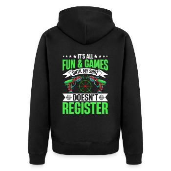 Laser Tag Spieler - Unisex Premium Bio Zip Hoodie - Schwarz - Hinten - Nico (187cm)