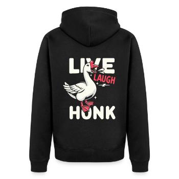 Lebe, lache, hupe – Joyful Goose Meme - Unisex Premium Bio Zip Hoodie - Schwarz - Hinten - Nico (187cm)