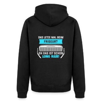Friseurin Barber Frisörin Friseursalon - Unisex Premium Bio Zip Hoodie - Schwarz - Hinten - Nico (187cm)