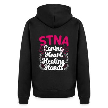 Altenpflegehelfer Pflegehelfer Pflegehelferin - Unisex Premium Bio Zip Hoodie - Schwarz - Hinten - Nico (187cm)