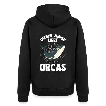 Dieser Junge Liebt Orcas Wal Fische Meer Ozeane Or - Unisex Premium Bio Zip Hoodie - Schwarz - Hinten - Nico (187cm)