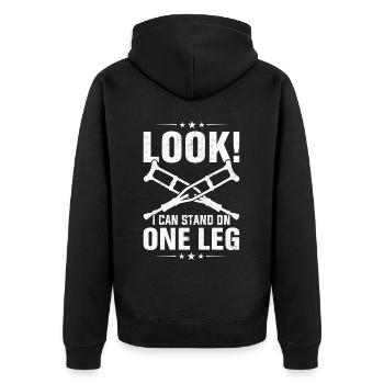 Lustige Beinprothese für Amputierte - Unisex Premium Bio Zip Hoodie - Schwarz - Hinten - Nico (187cm)