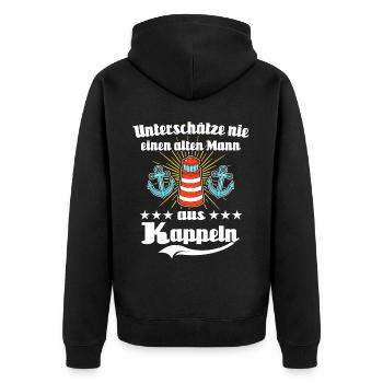 Kappelner Männer Kappeln - Unisex Premium Bio Zip Hoodie - Schwarz - Hinten - Nico (187cm)