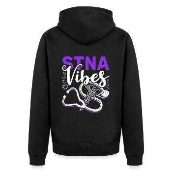 Altenpflegehelfer Vibes Pflegehelferin - Unisex Premium Bio Zip Hoodie - Schwarz - Hinten - Nico (187cm)