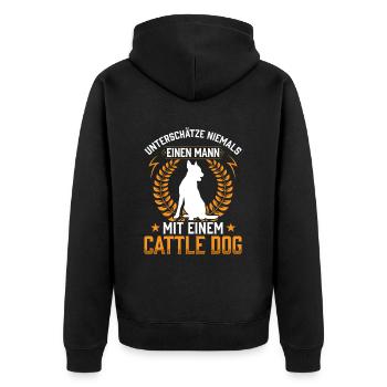 Mann mit einem Australian Cattle Dog - Unisex Premium Bio Zip Hoodie - Schwarz - Hinten - Nico (187cm)