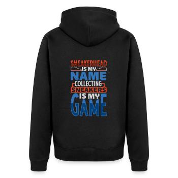 Ich spiele Schuhe sammeln - Sneakerhead - Unisex Premium Bio Zip Hoodie - Schwarz - Hinten - Nico (187cm)