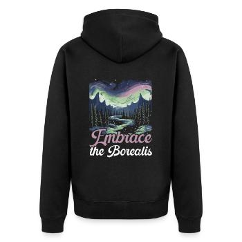 Aurora Borealis Dark Sky Nature Lichtspiel - Unisex Premium Bio Zip Hoodie - Schwarz - Hinten - Nico (187cm)