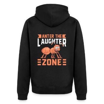 Anter the Laughter Zone - Unisex Premium Bio Zip Hoodie - Schwarz - Hinten - Nico (187cm)