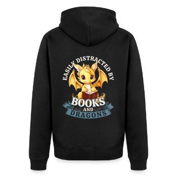 Easily Distracted By Books And Dragons: Drachen - Unisex Premium Bio Zip Hoodie - Schwarz - Hinten - Nico (187cm)