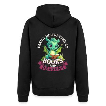 Easily Distracted By Books And Dragons: Drachen - Unisex Premium Bio Zip Hoodie - Schwarz - Hinten - Nico (187cm)