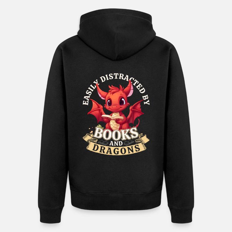 Easily Distracted By Books And Dragons: Drachen - Unisex Premium Bio Zip Hoodie - Schwarz