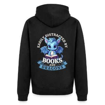 Easily Distracted By Books And Dragons: Drachen - Unisex Premium Bio Zip Hoodie - Schwarz - Hinten - Nico (187cm)