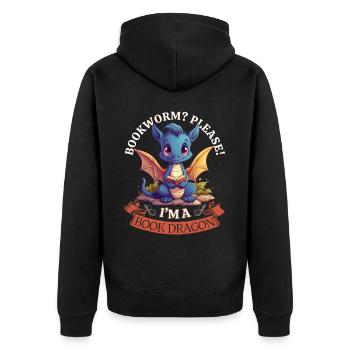 Bücherwurm: "Bookworm? Please! I'm A Book Dragon" - Unisex Premium Bio Zip Hoodie - Schwarz - Hinten - Nico (187cm)