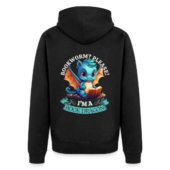 Bücherwurm: "Bookworm? Please! I'm A Book Dragon" - Unisex Premium Bio Zip Hoodie - Schwarz - Hinten - Nico (187cm)