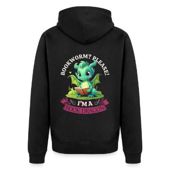Bücherwurm: "Bookworm? Please! I'm A Book Dragon" - Unisex Premium Bio Zip Hoodie - Schwarz - Hinten - Nico (187cm)