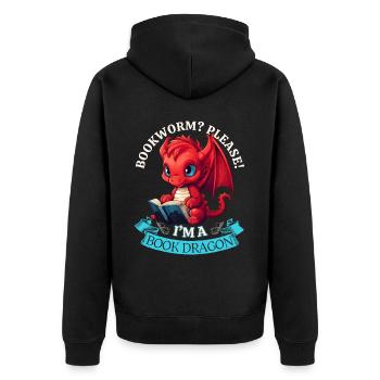 Bookworm: "Bookworm? Please! I'm A Book Dragon" - Unisex Premium Organic Zip Hoodie - black - Back - Nico (187cm)