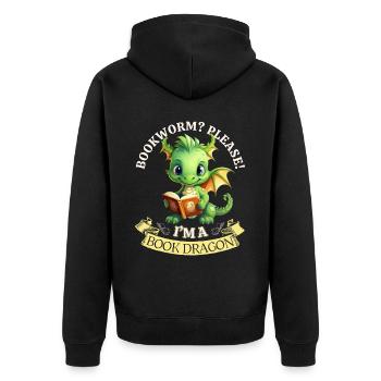 Bücherwurm: "Bookworm? Please! I'm A Book Dragon" - Unisex Premium Bio Zip Hoodie - Schwarz - Hinten - Nico (187cm)