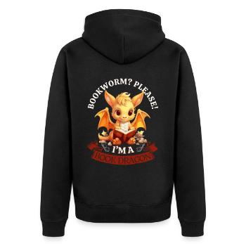 Bücherwurm: "Bookworm? Please! I'm A Book Dragon" - Unisex Premium Bio Zip Hoodie - Schwarz - Hinten - Nico (187cm)