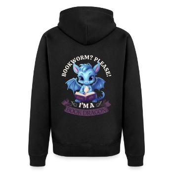 Bücherwurm: "Bookworm? Please! I'm A Book Dragon" - Unisex Premium Bio Zip Hoodie - Schwarz - Hinten - Nico (187cm)