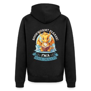 Bücherwurm: "Bookworm? Please! I'm A Book Dragon" - Unisex Premium Bio Zip Hoodie - Schwarz - Hinten - Nico (187cm)