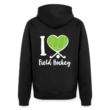 Field Hockey Heart I Love Field - Unisex Premium Bio Zip Hoodie - Schwarz - Hinten - Nico (187cm)