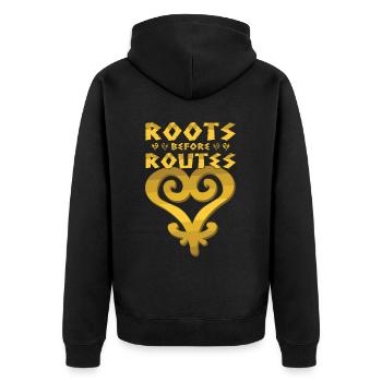 "Roots Before Routes" Sankofa Icon - Unisex Premium Organic Zip Hoodie - black - Back - Nico (187cm)