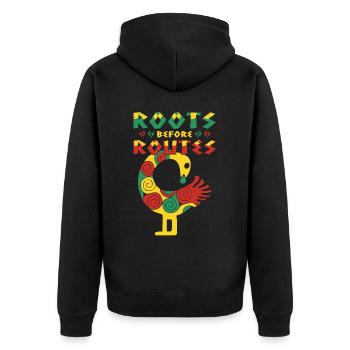 "Roots Before Routes" Bird Icon Sankofa Art - Unisex Premium Organic Zip Hoodie - black - Back - Nico (187cm)