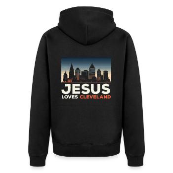 Bundesstaat Cleveland, Ohio, USA, Amerika, Vereinigte Staaten - Unisex Premium Bio Zip Hoodie - Schwarz - Hinten - Nico (187cm)