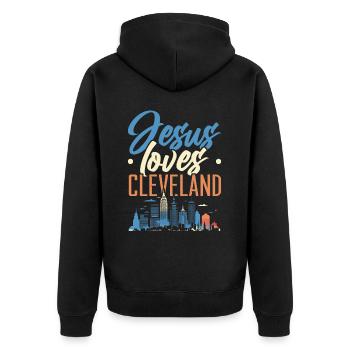 Bundesstaat Cleveland, Ohio, USA, Amerika, Vereinigte Staaten - Unisex Premium Bio Zip Hoodie - Schwarz - Hinten - Nico (187cm)