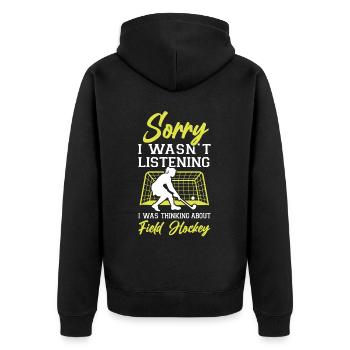 Field Hockey Sorry I Wasn't - Unisex Premium Bio Zip Hoodie - Schwarz - Hinten - Nico (187cm)