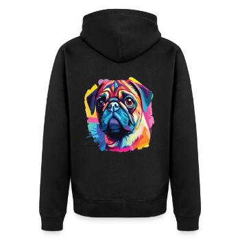 Ein Hundeporträt der Mopsrasse Pop Art - Unisex Premium Bio Zip Hoodie - Schwarz - Hinten - Nico (187cm)