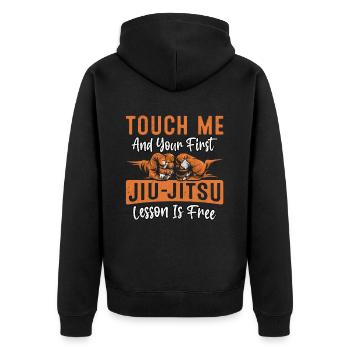 Touch me and your first Jiu-Jitsu Lesson is free - Unisex Premium Bio Zip Hoodie - Schwarz - Hinten - Nico (187cm)