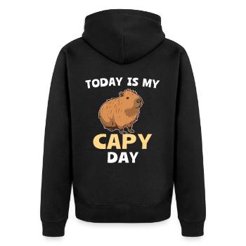 Lustige Capybara Sprüche - Unisex Premium Bio Zip Hoodie - Schwarz - Hinten - Nico (187cm)