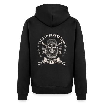 1991 Geburtstag Aged to perfection Rock Hard - Unisex Premium Bio Zip Hoodie - Schwarz - Hinten - Nico (187cm)