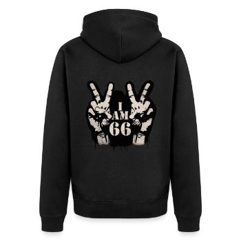 Unique design for the celebration of the 70th anniversary - Unisex Premium Organic Zip Hoodie - black - Back - Nico (187cm)