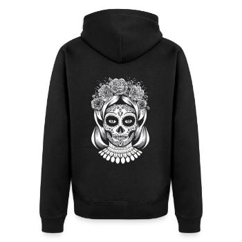 Eleganz des Tages der Toten - La Calavera Catrina - Unisex Premium Bio Zip Hoodie - Schwarz - Hinten - Nico (187cm)