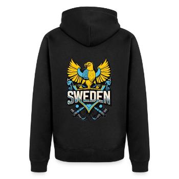 Stolz auf Schweden - Unser heroisches Wappen - Unisex Premium Bio Zip Hoodie - Schwarz - Hinten - Nico (187cm)