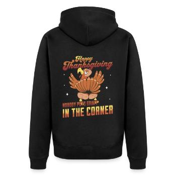 Joyeux Thanksgiving Personne ne met de sauce dans le coin - Veste à capuche bio Premium Unisexe - noir - Dos - Nico (187cm)