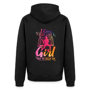 Field Hockey Watercolor I Know I - Unisex Premium Bio Zip Hoodie - Schwarz - Hinten - Nico (187cm)